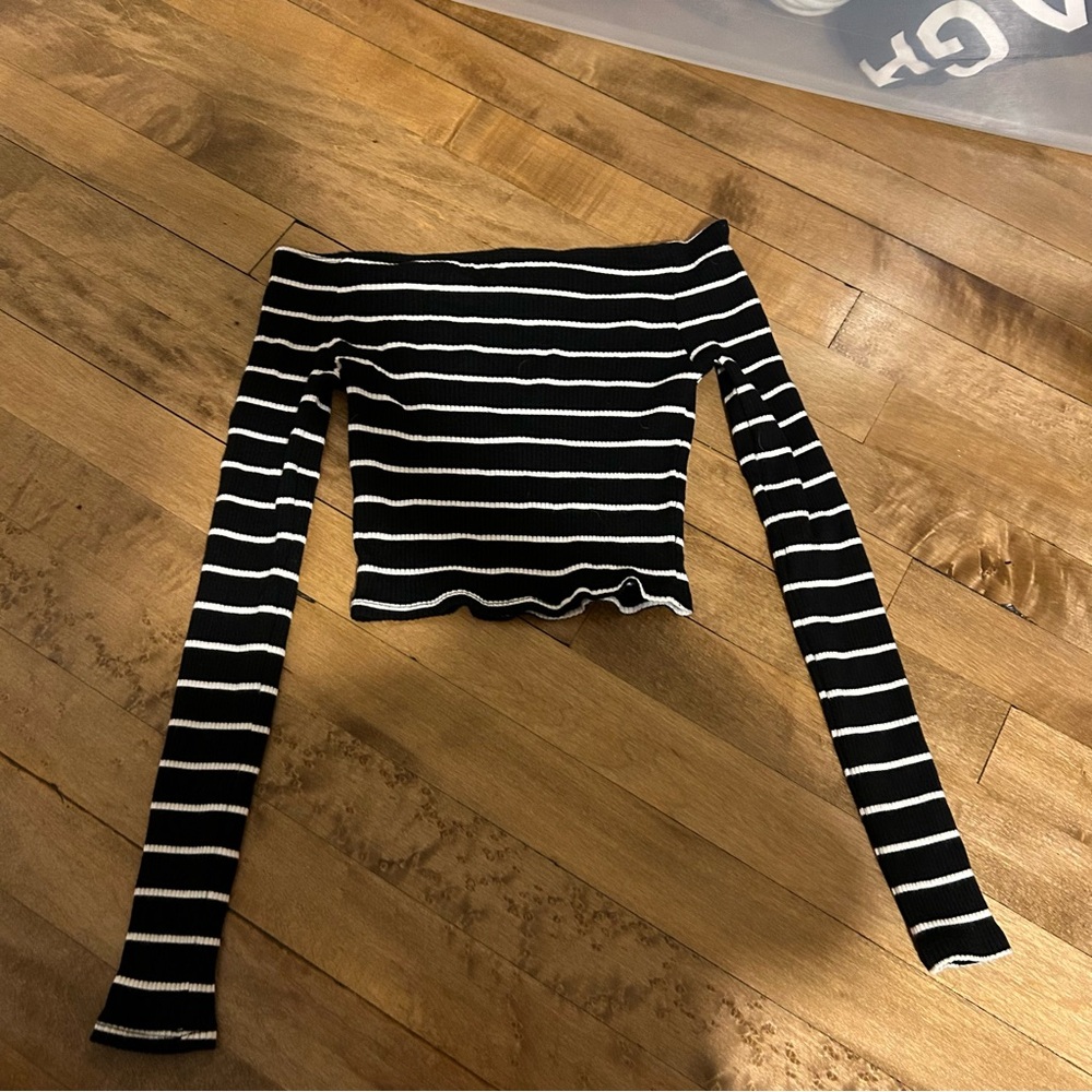 Reformation Striped Ribbed Off The Shoulder Long Sleeve Cropped Top